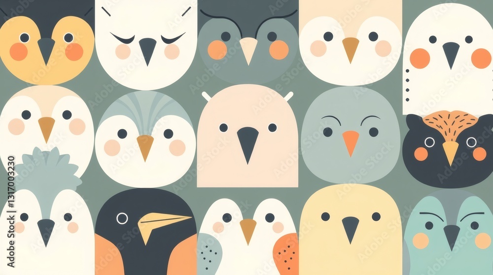 Poster a pattern of cute owls with diverse expressions and colors on a soft background