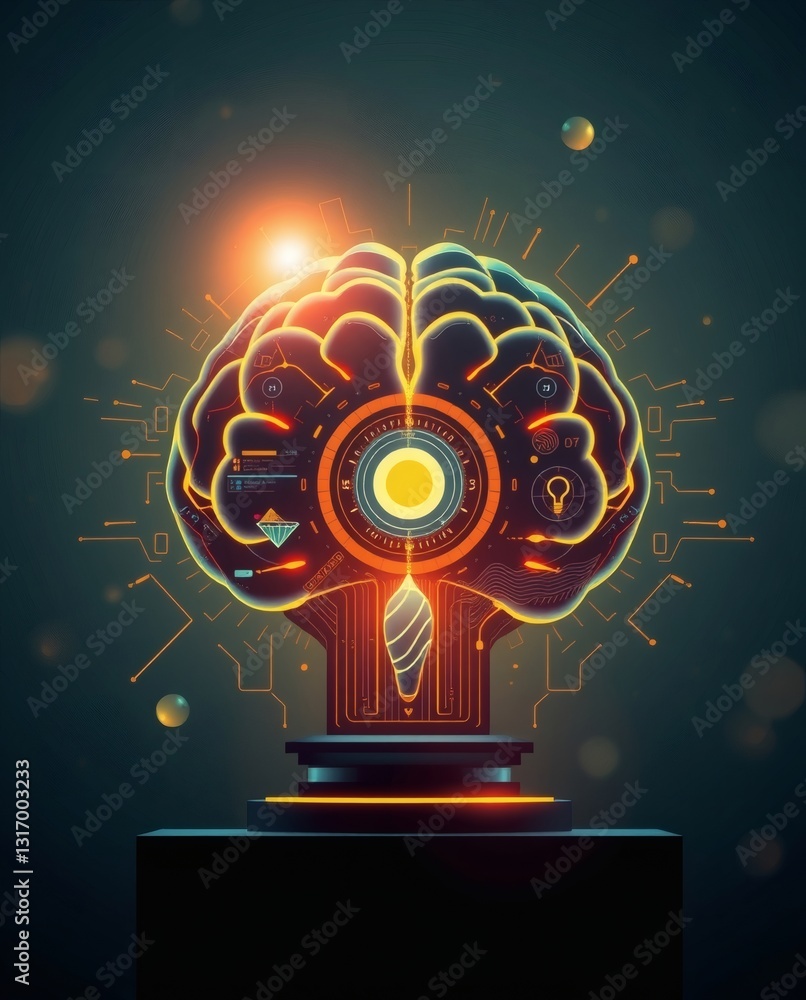 Poster an illuminated brain with circuits and glowing lights, symbolizing artificial intelligence and technological advancement