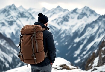 A hiker with a backpack standing at the edge of a snowy mountain range.
