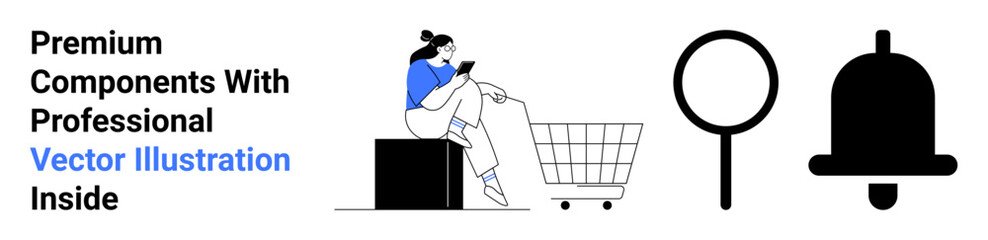 Woman seated with a shopping cart browsing on her mobile, magnifying glass, and notification bell elements. Ideal for online shopping, search, alerts, e-commerce, mobile apps, retail flat landing