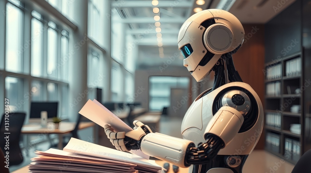 Poster a robot in a modern office working with paperwork. the robot with a futuristic design is shown inside the office