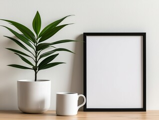 Minimalist Home Decor Still Life Featuring Potted Plant Blank Frame and Mug for Mockup Display