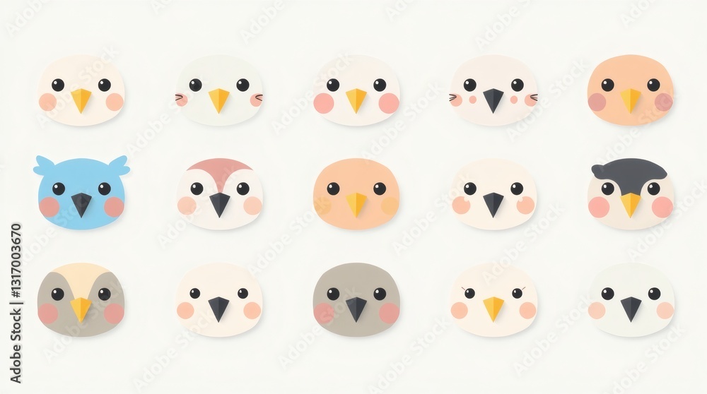 Poster a collection of adorable bird faces, each with a unique expression and colorful design. The faces are arranged in a grid, showcasing their playful and charming personalities