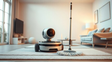 a robotic vacuum cleaner and mop stand side by side in the cozy living room of a modern apartment. The robot features a camera and is ready to clean the space.