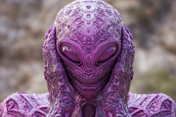 Lilac alien character, featuring intricate fractal patterns, is covering its ears with hands, expressing deep worry and anxiety in a close up portrait