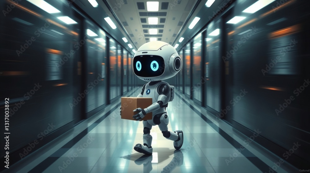 Poster A robot courier carrying a package, navigating a futuristic corridor. The robot has a friendly design and appears to be in motion