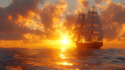 Fototapeta premium Golden Sunset, Sailing Ship at Sea