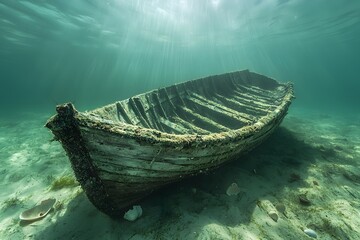 Ancient weathered boat rests quietly beneath shimmering ocean waves, revealing stories of the past in a serene underwater world