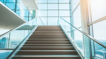 Obraz premium Modern glass-railed staircase ascending to a bright, panoramic view