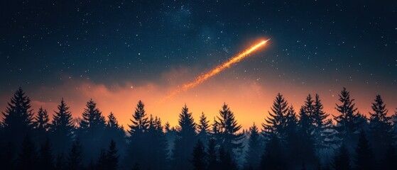 Obraz premium Majestic Meteor Shower Display Over Tranquil Forest Silhouette Under Starry Night Sky Captivating Celestial Event