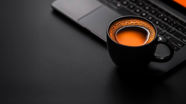 Minimalist Workspace Setup Featuring Coffee Cup and Laptop on Dark Surface Creating a Productive Ambiance
