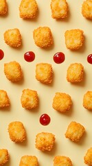 Geometric arrangement of golden fried potato bites and bright red ketchup dots on a soft yellow canvas