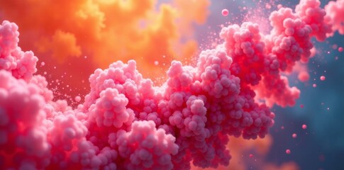 Fototapeta premium Swirling clouds of pink and orange colorants disperse in mid-air, vibrant colors, colorful cloud
