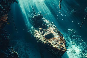 Sunlit ghost ship resting on the seafloor, a haven for marine life in the depths of the ocean