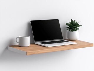 Fototapeta premium Modern Laptop and Mug on Minimalist Shelf with Succulent in Bright Workspace Atmosphere