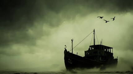 Fototapeta premium Silhouetted Ship in a Dark Stormy Sea