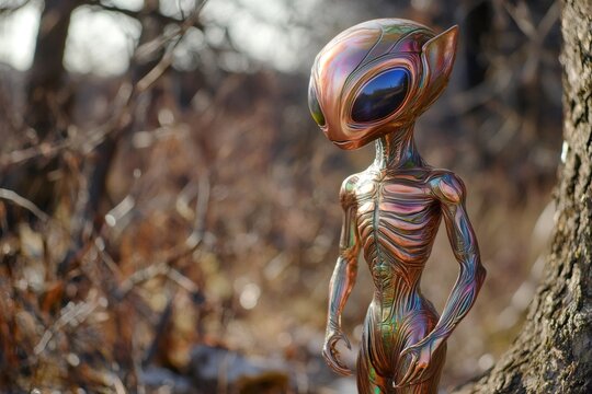 Rose gold metallic alien standing in a forest, science fiction character in natural environment
