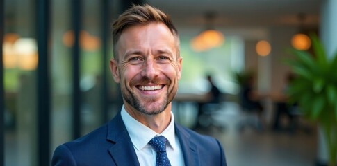 Obraz premium Businessman smiling at camera amidst blurred office exterior, business, finance
