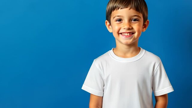 Young child beaming, wearing crisp white t shirt mockup, posing confidently against bright blue studio backdrop video 4k