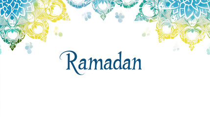 Ramadan themed design with colorful floral and geometric patterns on white background. Ornate decorative elements frame the word Ramadan, perfect for festive greetings and wallpaper.
