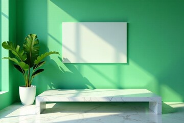 Empty white marble table over green cement wall with banner and shelf display for product showcase, decoration, showcase