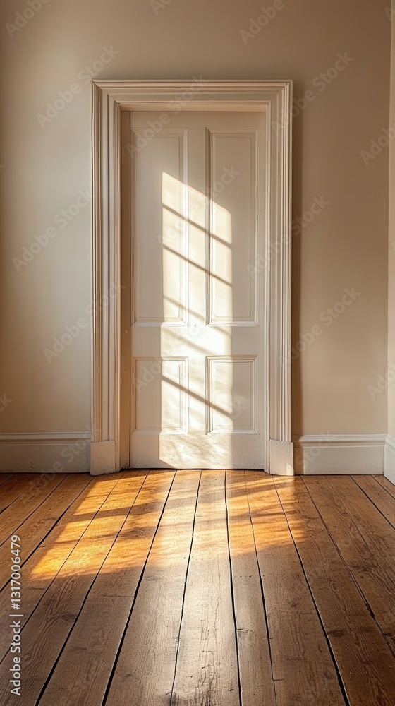 Poster sunlight streaming through a white doorway casting shadows on a wooden floor creating a warm and inv