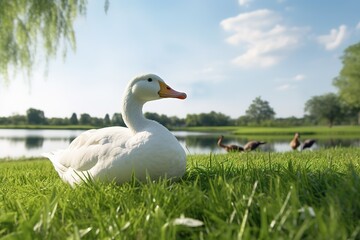 Obraz premium white goose on a green grass