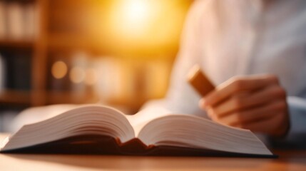 Person reading book, hands holding pen, warm sunlight illuminating study space, inviting atmosphere for reflection.