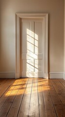 Fototapeta premium Sunlight Streaming Through a White Doorway Casting Shadows on a Wooden Floor Creating a Warm and Inviting Interior Space with a Classic Design