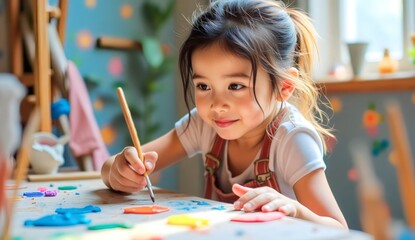 A young girl is focused on painting with a brush, engaging in an artistic activity. The colorful environment and her dedication exemplify creativity, exploration, and hood joy in art