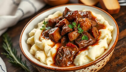 Rich beef bourguignon stew served with fluffy creamy mashed potatoes, carrots, comfort food