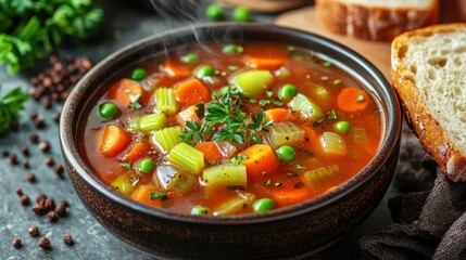Hearty Vegetable Soup in Bowl, Steam Rising, Bread