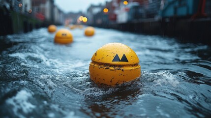 Yellow buoys floating in a calm waterway with soft city lights reflecting in the background