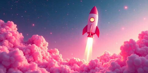 Fototapeta premium Retro-style rocket ship blasting off on a cloudy pink background with stars and sparkles , whimsical, motion