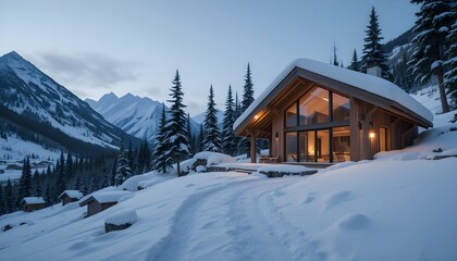 Snowy Mountain Lodge with Winter View and Cozy Interior