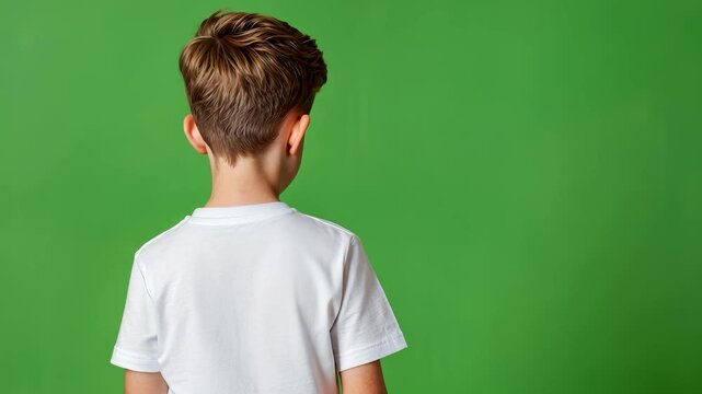 Male child, wearing Confident young boy crossing arms, looking sideways against green screen backdrop, wearing plain white t shirt mockup stands with his back turned video 4k