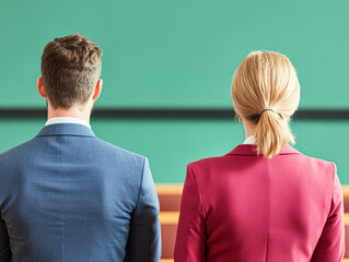 Two professionals in formal attire facing a green backdrop.