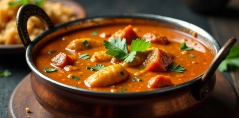 Spicy Indian curry in a traditional metal cauldron , Indian cuisine, cauldron