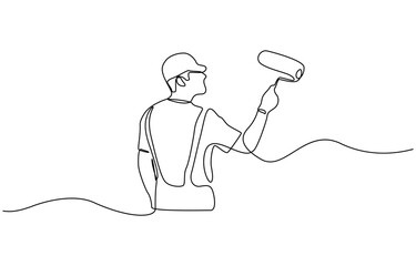 Continuous one line drawing of paint the walls in the room, Painter paints a wall with a roller, worker in uniform one line art.Continuous line drawing of repair, professional, people, concept.