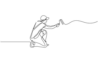 Continuous one line drawing of paint the walls in the room, Painter paints a wall with a roller, worker in uniform one line art.Continuous line drawing of repair, professional, people, concept.