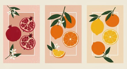 Colorful fruit illustrations, pomegranates and oranges and lemons, botanical art style, flat design, pastel background, vibrant colors, simple shapes, leaves and blossoms
