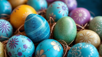 Fototapeta premium Colorful decorated eggs in a basket for Nowruz celebration