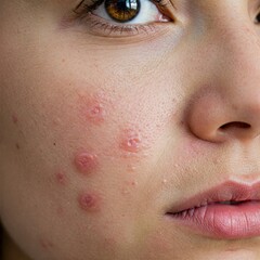 Womans face with perioral dermatitis. Close Up acne on womans face with rash skin ,scar and spot that allergic to cosmetics, acne, allergic to chemicals, rash on face. Skin problems and be
