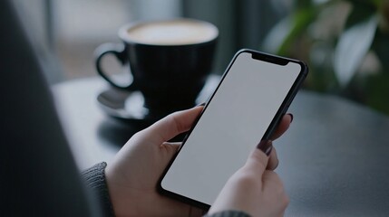 Hand holding smartphone, cozy indoor setting, black coffee cup nearby, modern lifestyle theme, room for text.