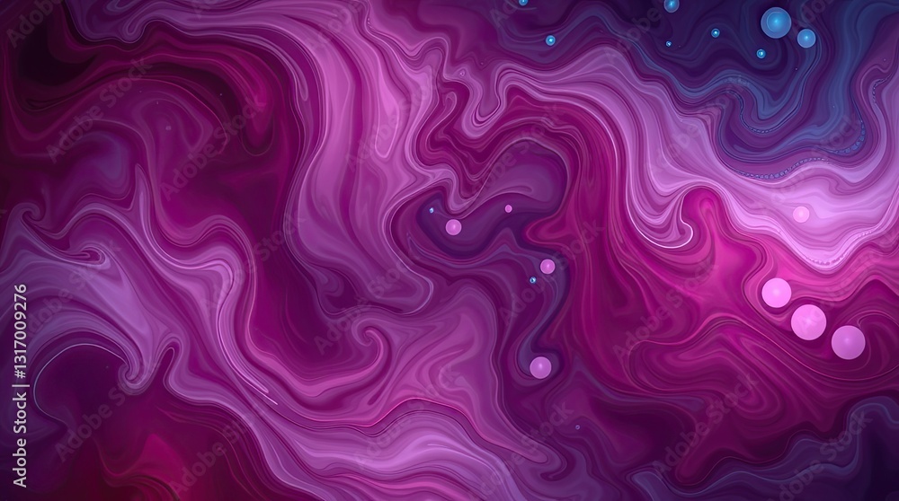 Poster abstract design showcases vibrant swirls of purple and pink accented with blue dots creating a capti