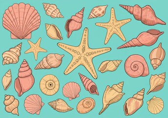 Colorful seashells and starfish collection, pastel colors, coral pink, soft yellow, turquoise blue background, flat lay design, vintage beach illustration, hand-drawn style