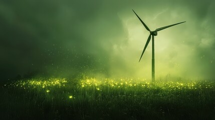 Ethereal Landscape with Wind Turbine and Glowing Green Lights