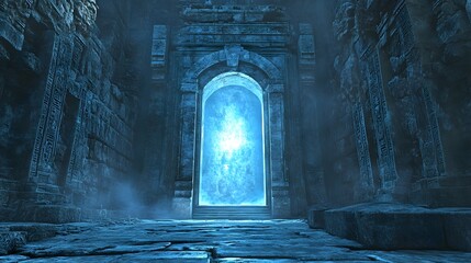 Fototapeta premium 30. **A glowing portal opening in the middle of an ancient temple, revealing another dimension**