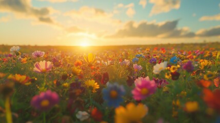Fototapeta premium a vibrant field of colorful flowers illuminated by the warm light of the sunset