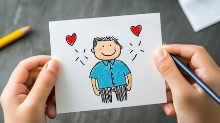 A handmade Father's Day card with a child's doodle of their dad, colorful and filled with love